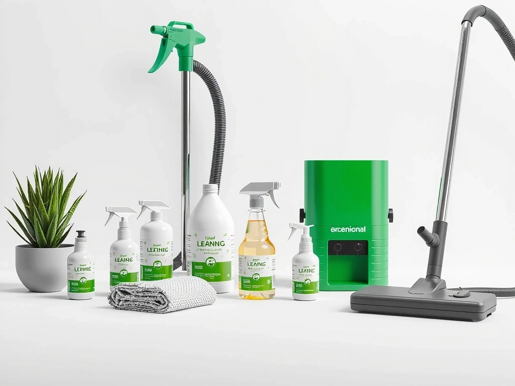 CleanMotion eco-friendly cleaning products and professional equipment displayed on a clean surface
