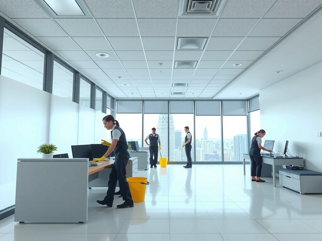 CleanMotion cleaning team working in a modern Cebu office building with city skyline background